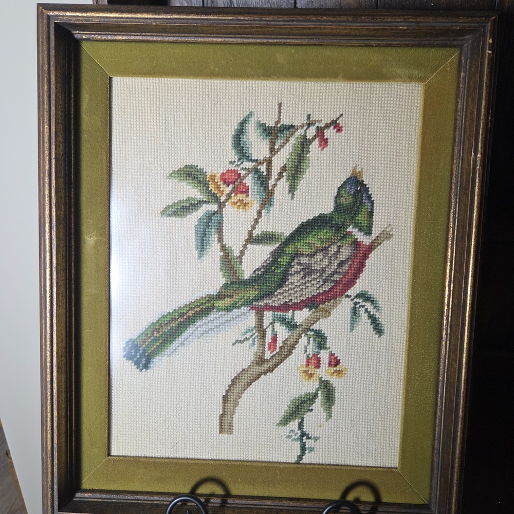 Framed Bird Embroidery Art in Brown and Green - Picture 2 of 10